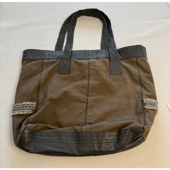 EUC Ambre Babzoe Canvas  Lamb Leather Tote Bag Braided Leather Straps Brown Gray - Picture 1 of 12
